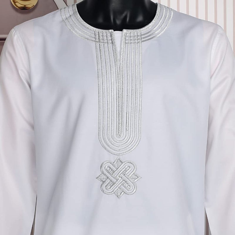 HD African Apparel Agbada Clothing Embroidery Dashiki Shirts and Pants African Men Outfits 3 Pieces, White 3XL - Image 5